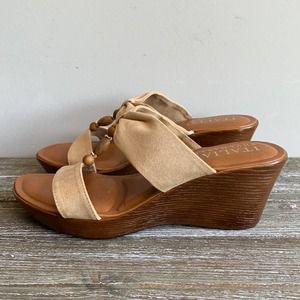 Italian Shoemakers faux suede slide wedge sandal wood bead trim tan brown NWOT
